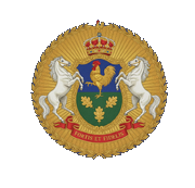 Coat of arms of the Principato del Gallo: golden rooster between two white horses, crown and golden sunburst